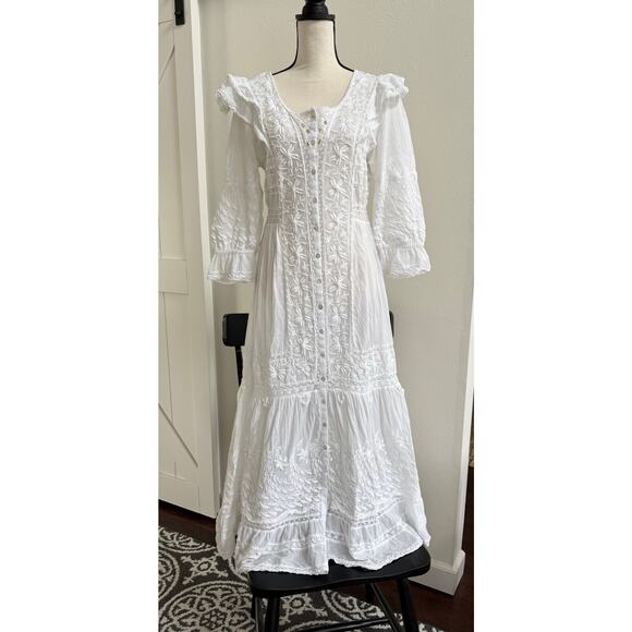 LoveShackFancy White Eyelet Cotton Embroidered Button-Up Maxi Praire Dress LARGE - Picture 2 of 15